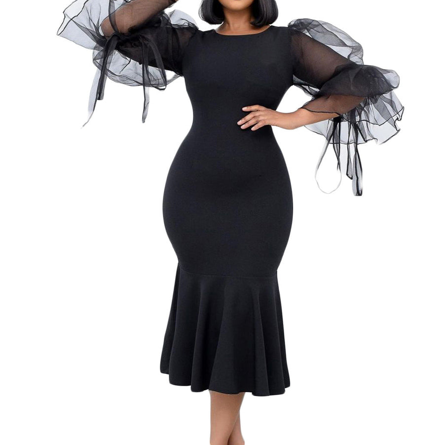 Urzula- Damen Abendkleid mit transparenten Puffärmeln und Saum