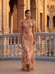 Rosa | Damen Blumen Chiffonkleid – Romantisches Sommerkleid mit Aquarell-Print für Hochzeit 2026