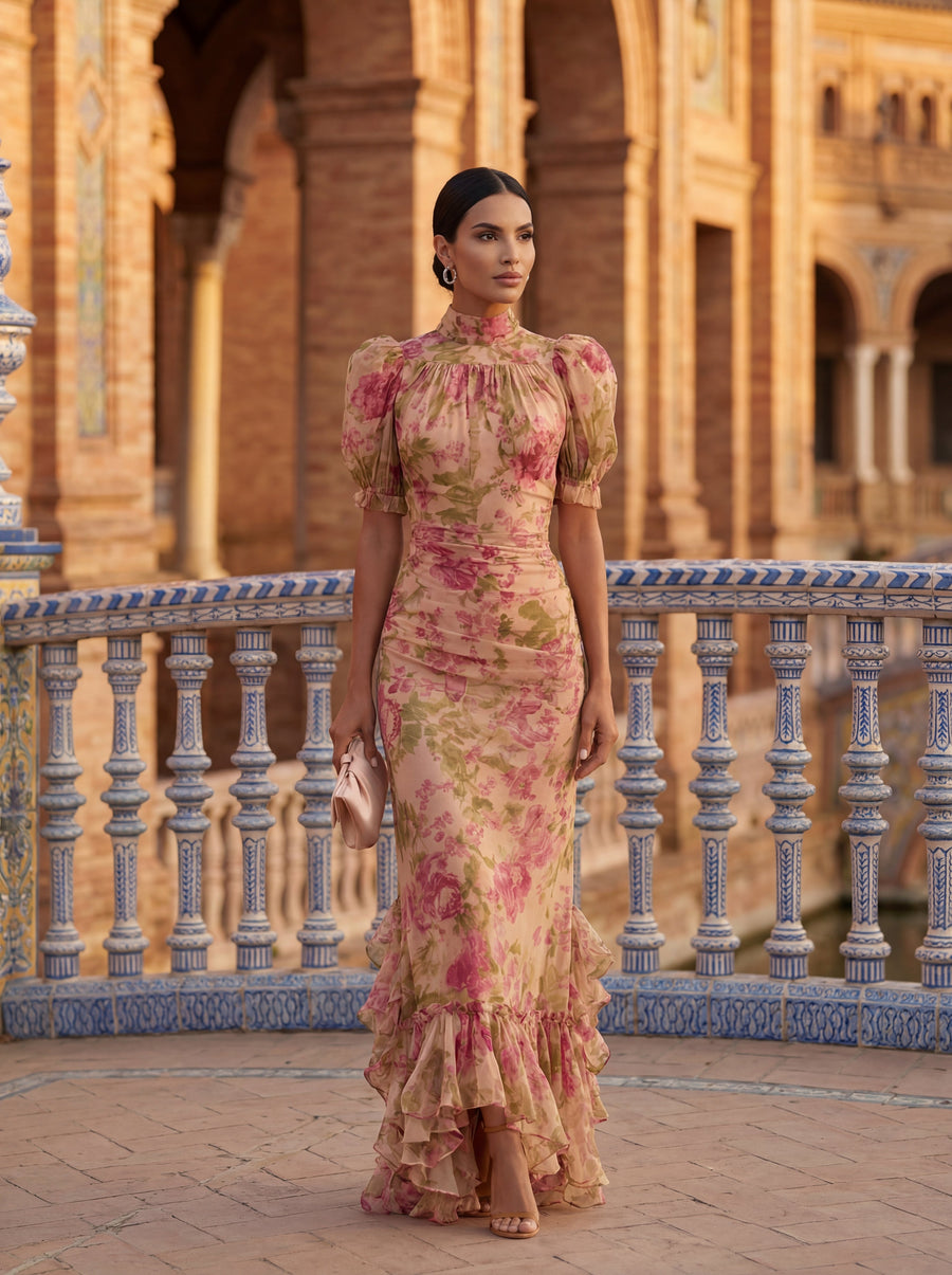 Rosa | Damen Blumen Chiffonkleid – Romantisches Sommerkleid mit Aquarell-Print für Hochzeit 2026