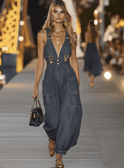 Tuta denim con scollo a V | Tuta alla moda per donna