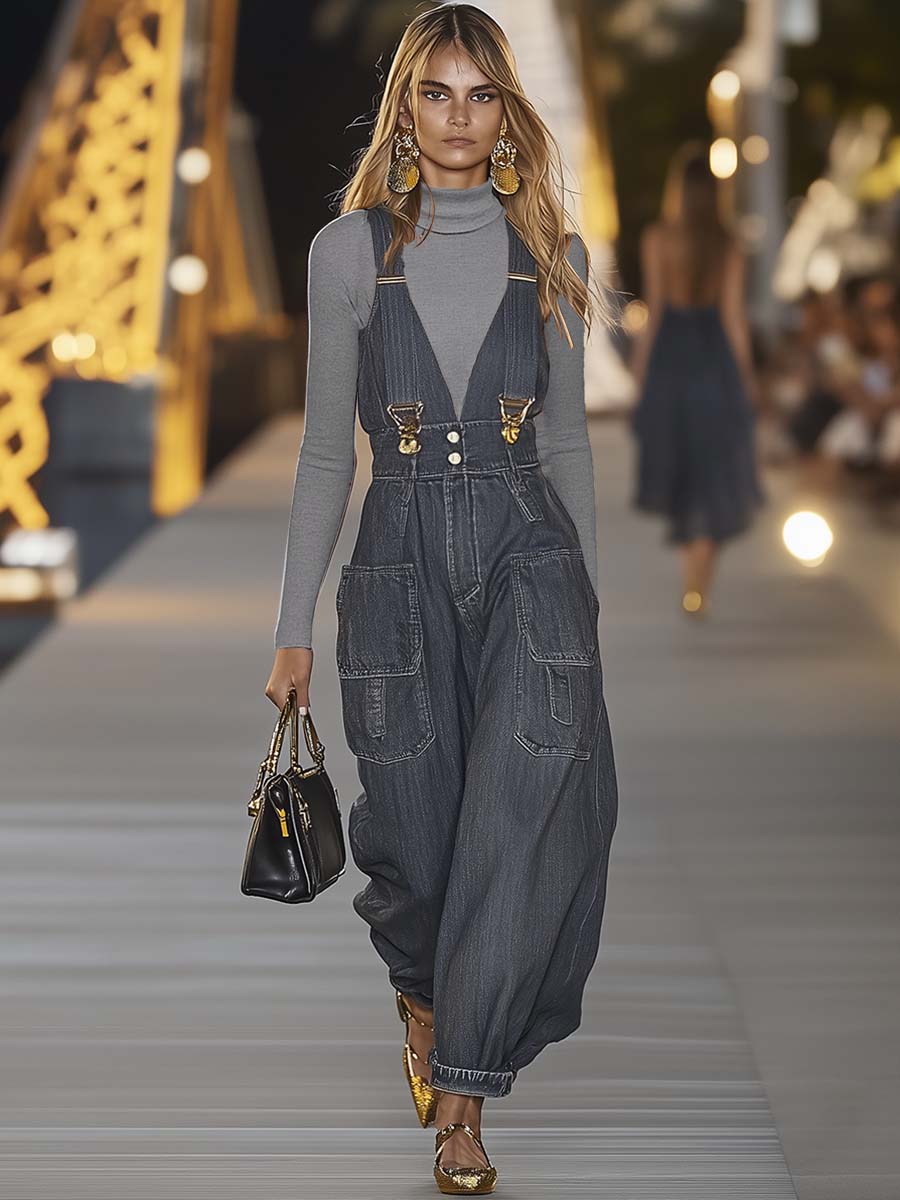 Tuta denim con scollo a V | Tuta alla moda per donna