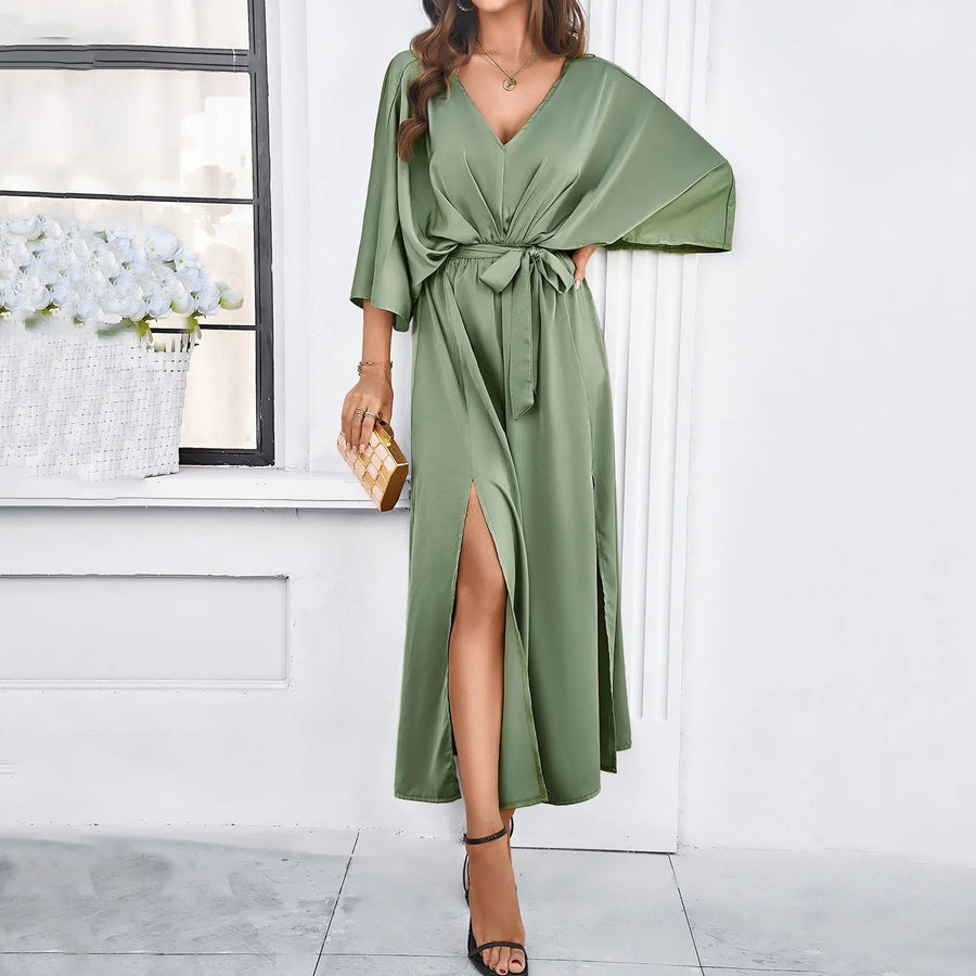 Damen V-Ausschnitt Midikleid – Leichtes Material – Eleganter Frühlingslook – Alltagstauglich