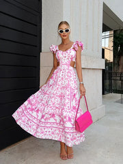 Sally - Langes rosa Kleid mit Blumendruck