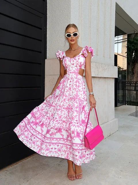 Sally - Langes rosa Kleid mit Blumendruck