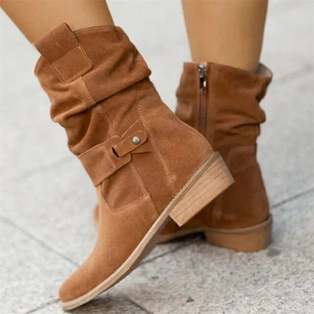 Damen Stiefeletten aus Wildleder mit Schnallen-Details und flachem Absatz – Stilvolle Herbst- und Winterboots