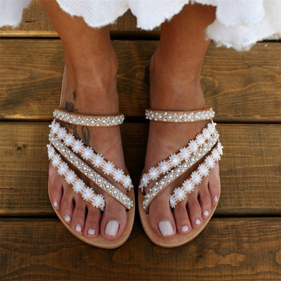 Damen Sandalen – Boho Stil – Mit Perlen & Spitze – Sommerdesign