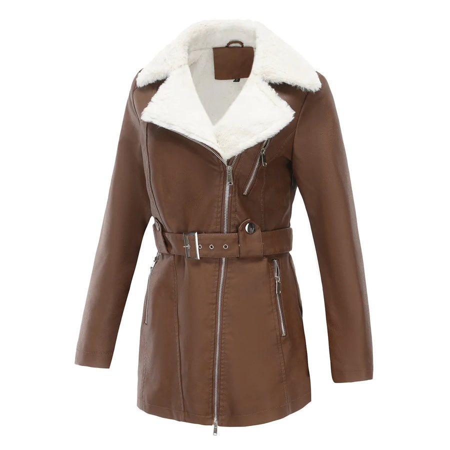Wintermantel Damen in Lederoptik mit Teddykragen