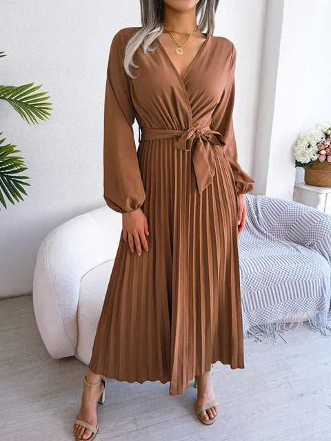 Daisy - Damen V-Ausschnitt Plissiertes Maxikleid Langarm