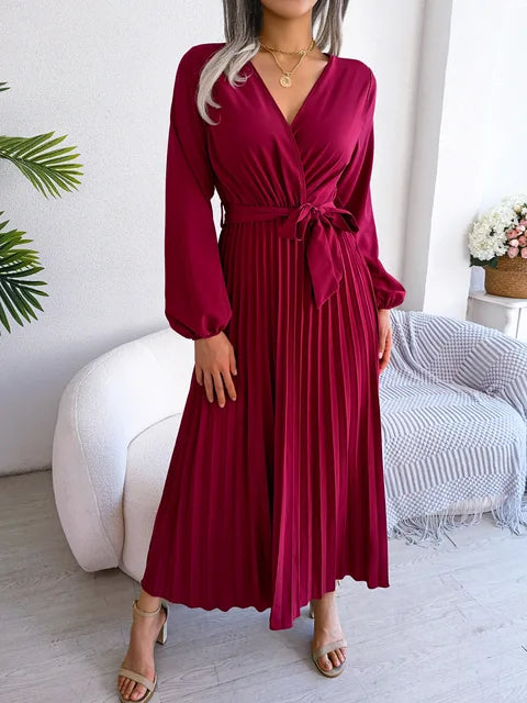 Daisy - Damen V-Ausschnitt Plissiertes Maxikleid Langarm