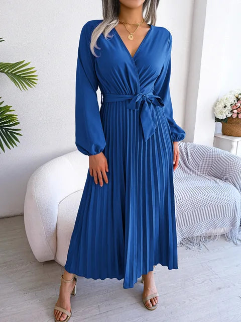 Daisy - Damen V-Ausschnitt Plissiertes Maxikleid Langarm
