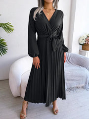 Daisy - Damen V-Ausschnitt Plissiertes Maxikleid Langarm