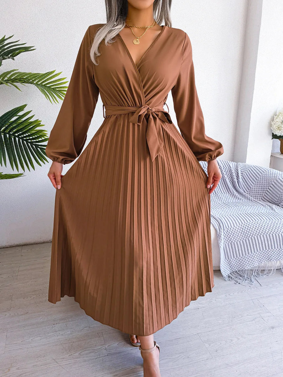 Daisy - Damen V-Ausschnitt Plissiertes Maxikleid Langarm