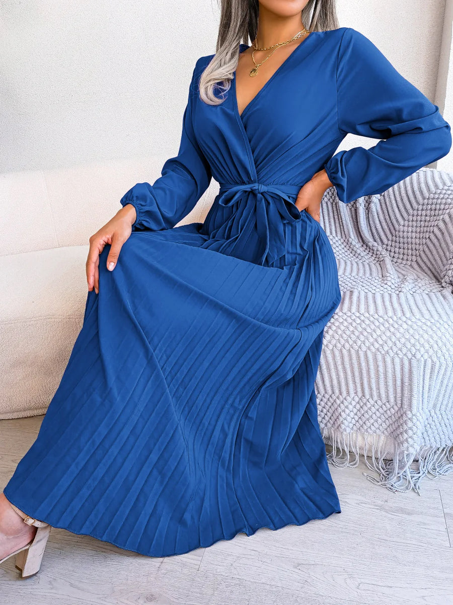 Daisy - Damen V-Ausschnitt Plissiertes Maxikleid Langarm