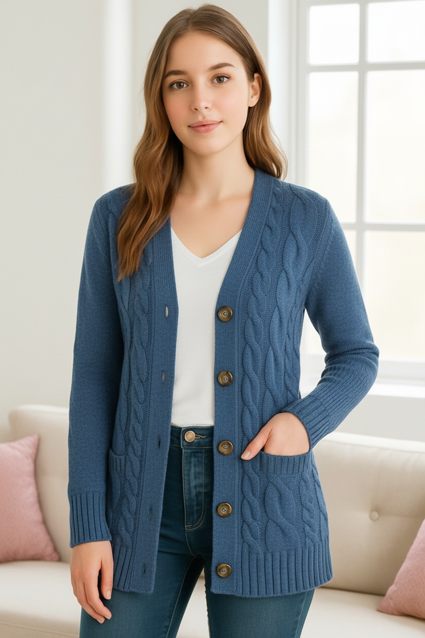 Andrea | Damen Frühlings Zopfmuster Strickcardigan