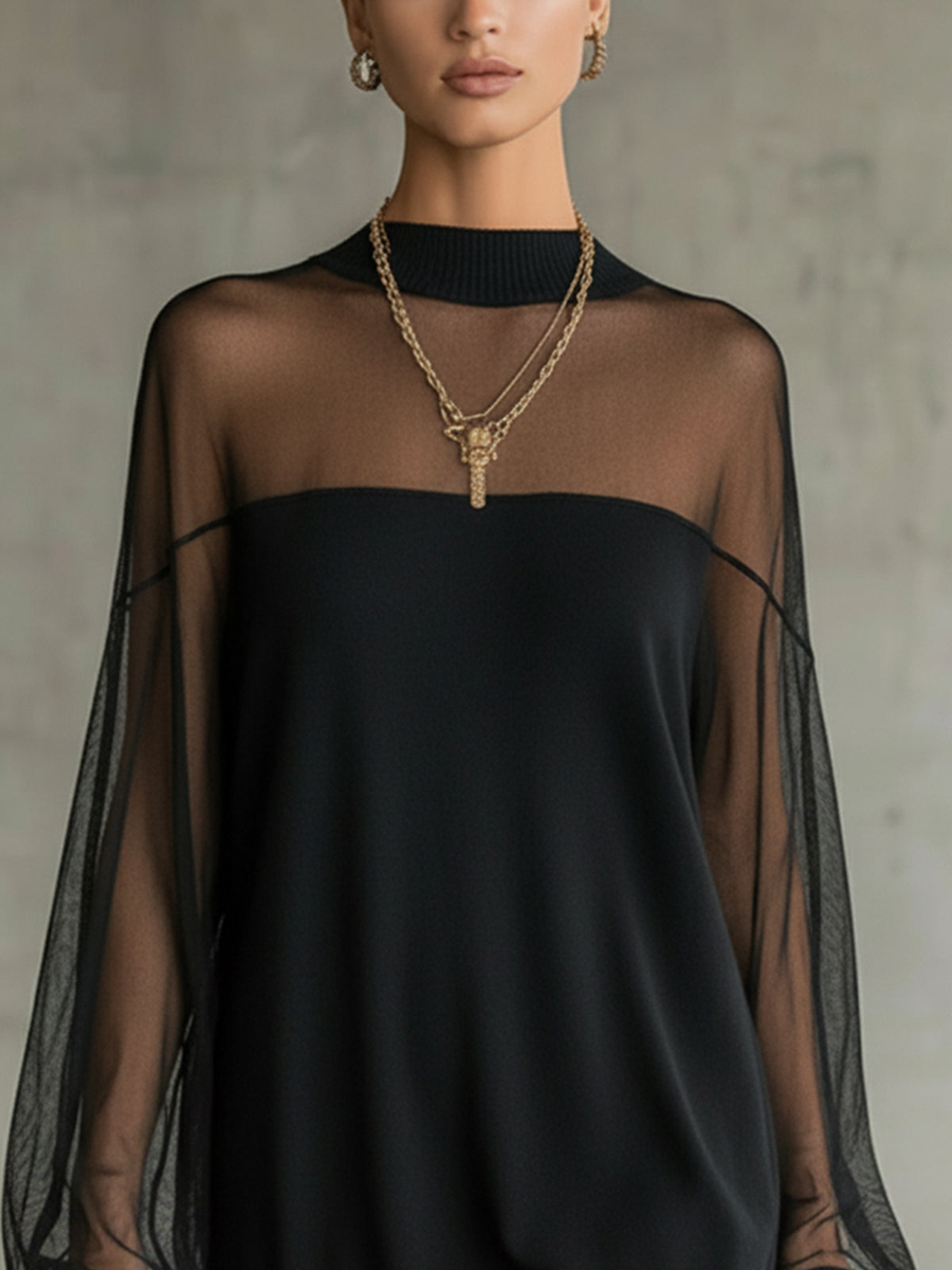 Damen-Minikleid mit Mesh-Ärmeln und hohem Ausschnitt