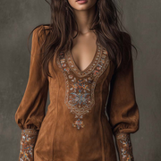 Damen-Minikleid aus Wildleder mit V-Ausschnitt und Stickerei