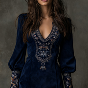 Damen-Minikleid aus Wildleder mit V-Ausschnitt und Stickerei
