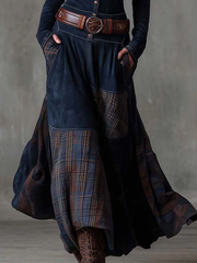 Leonora | Langes Vintage-Kleid aus marineblauem Wildleder mit Karomuster (inklusive Gürtel)