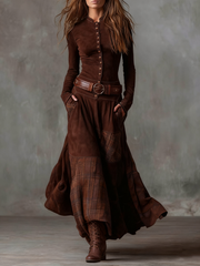 Eleza – Maxikleid Aus Kariertem Wildleder Mit Gürtel