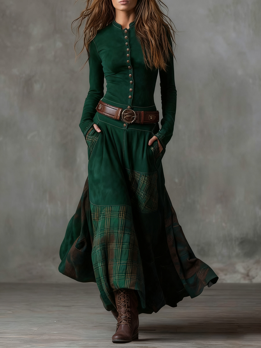 Eleza – Maxikleid Aus Kariertem Wildleder Mit Gürtel