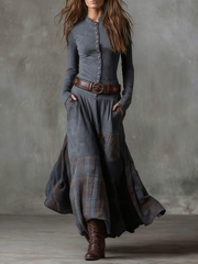 Leonora | Langes Vintage-Kleid aus marineblauem Wildleder mit Karomuster (inklusive Gürtel)