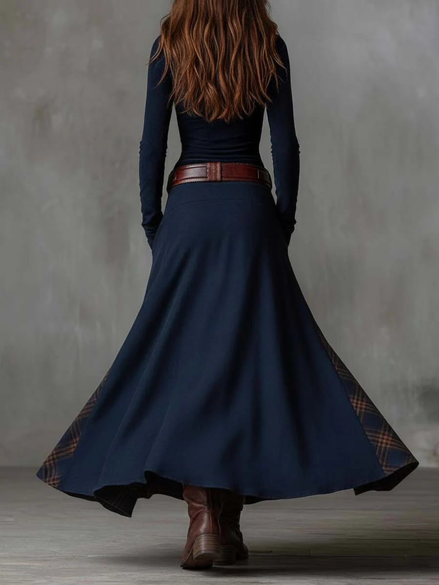 Leonora | Langes Vintage-Kleid aus marineblauem Wildleder mit Karomuster (inklusive Gürtel)