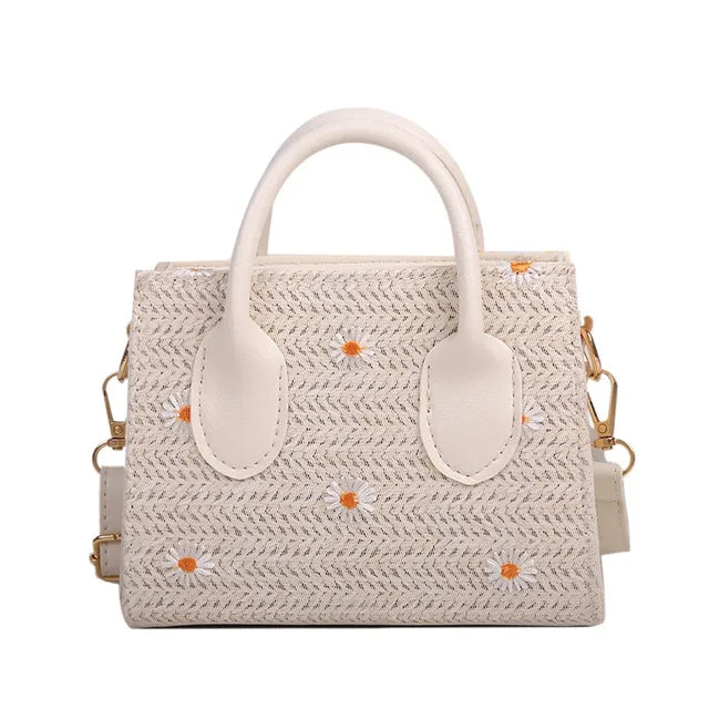 Strohtasche fur Damen – Geflochtene Handtasche mit Blumenakzenten