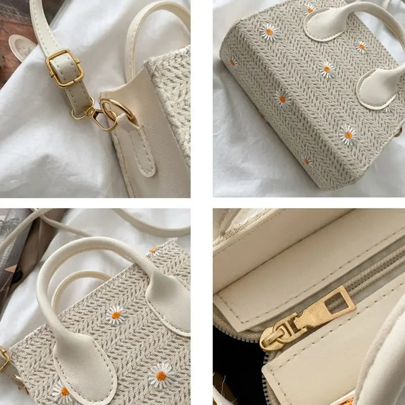 Strohtasche fur Damen – Geflochtene Handtasche mit Blumenakzenten