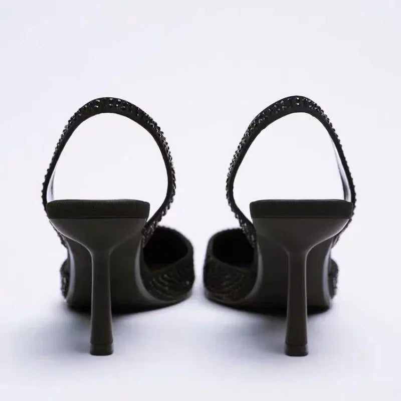 Elegante Schwarze Glitzer-Slingback-Pumps – Veganes Leder, Spitz