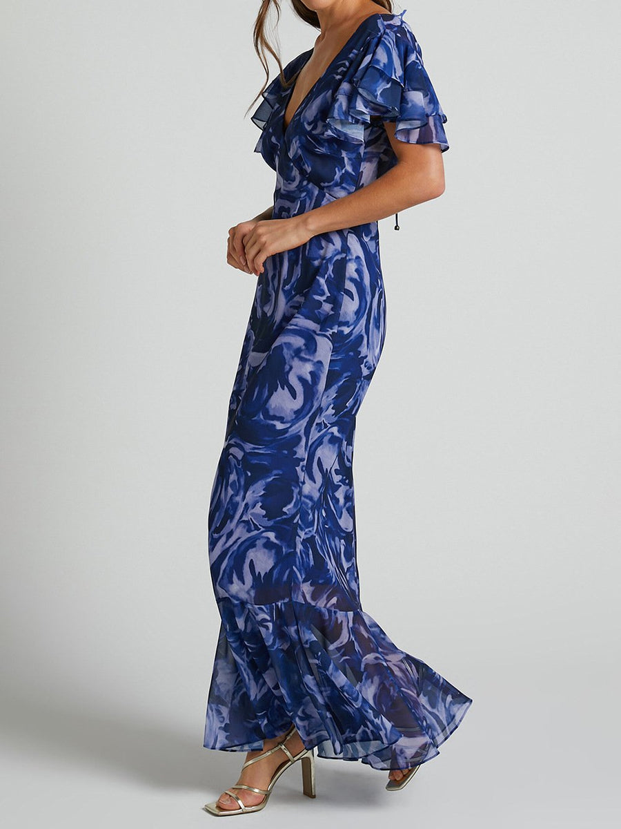 Sarah - Bedrucktes Maxikleid aus Chiffon mit V-Ausschnitt