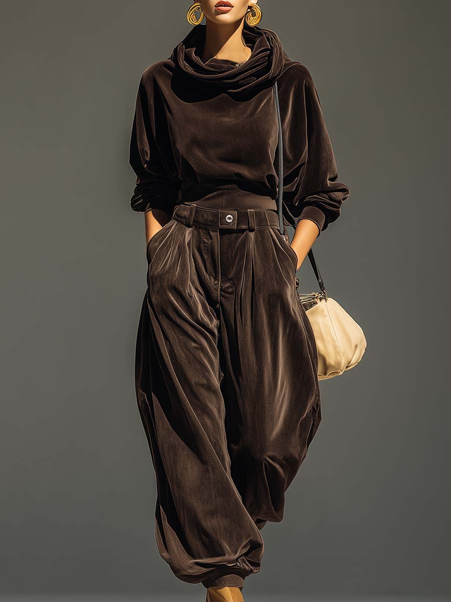 Sophia™ - Vintage brauner Samt-Hoodie und lockere Hose Set (Inklusive Gürtel)