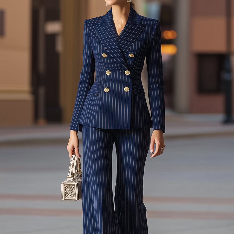Damen-Anzugset in Marineblau mit Nadelstreifen und Zweireiher