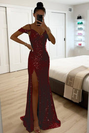 Heidi-Mode | Paillettenspitze Meerjungfrau Abschlussballkleider mit Schlitz Off-Shoulder Abendkleid