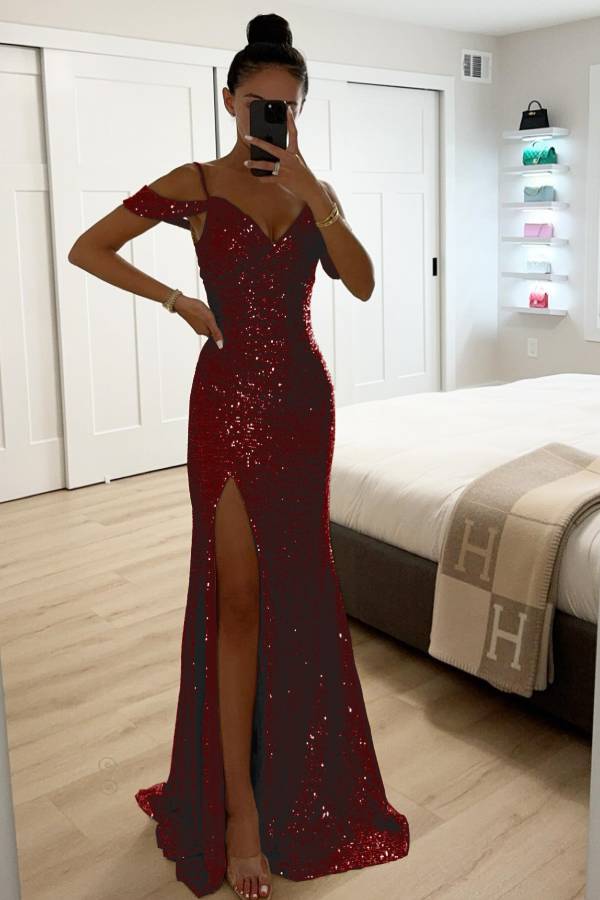 Heidi-Mode | Paillettenspitze Meerjungfrau Abschlussballkleider mit Schlitz Off-Shoulder Abendkleid