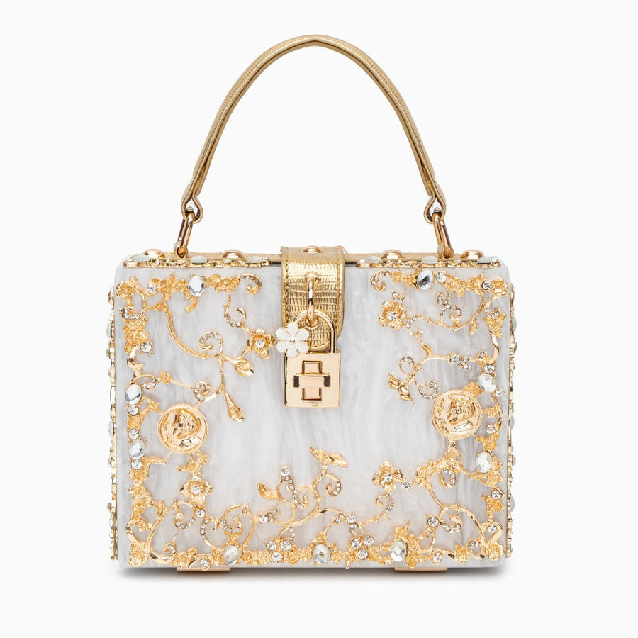 Luxus-Acryl Clutch in Himmelblau mit barockem Golddekor – Vintage-inspirierte Abendtasche
