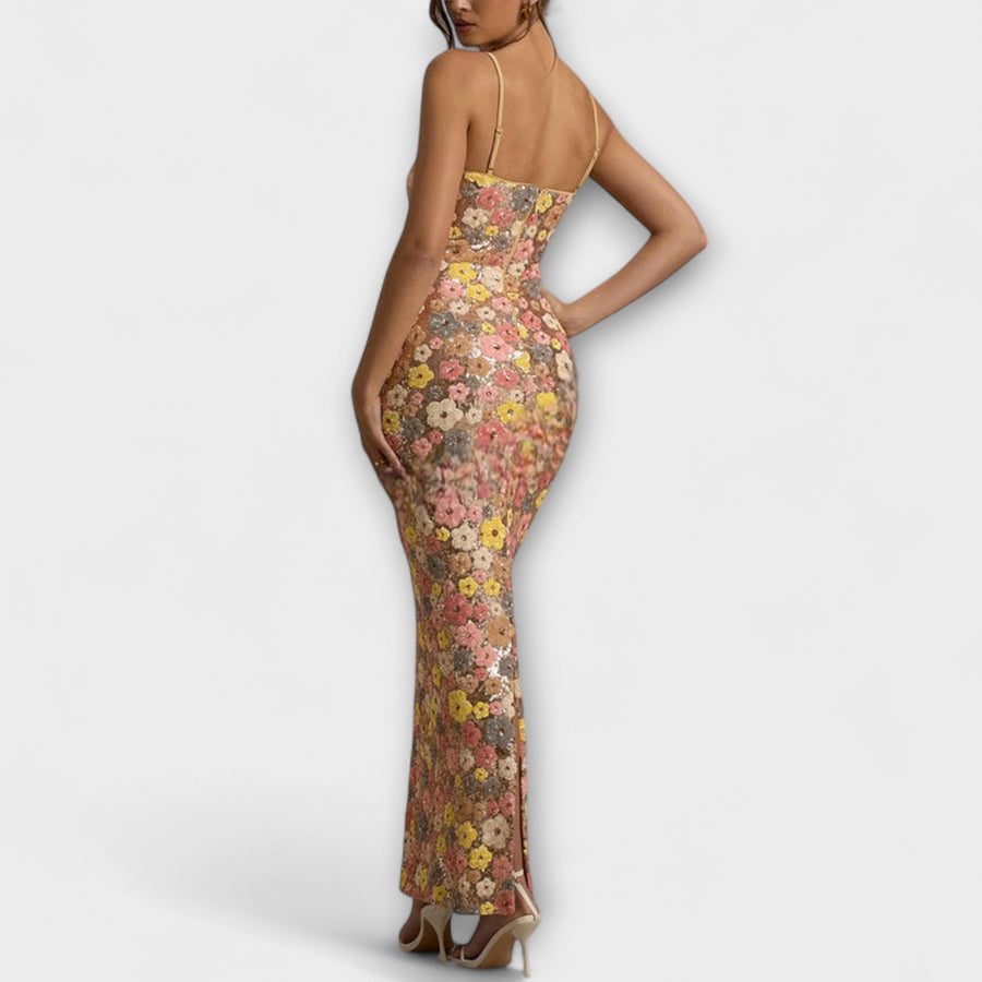 Oakley - 80er-Jahre Maxi-Kleid mit floralen Pailletten