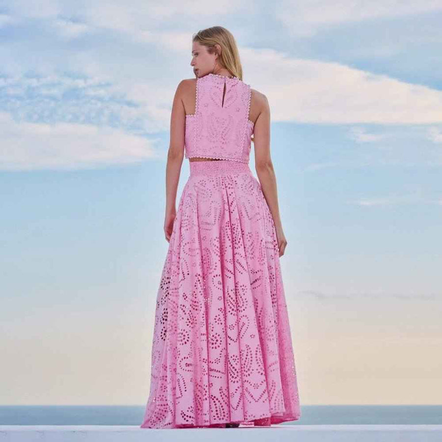 Amara – Zweiteiliges Sommer-Set mit Cut-out-Stickerei und Maxi-Rock
