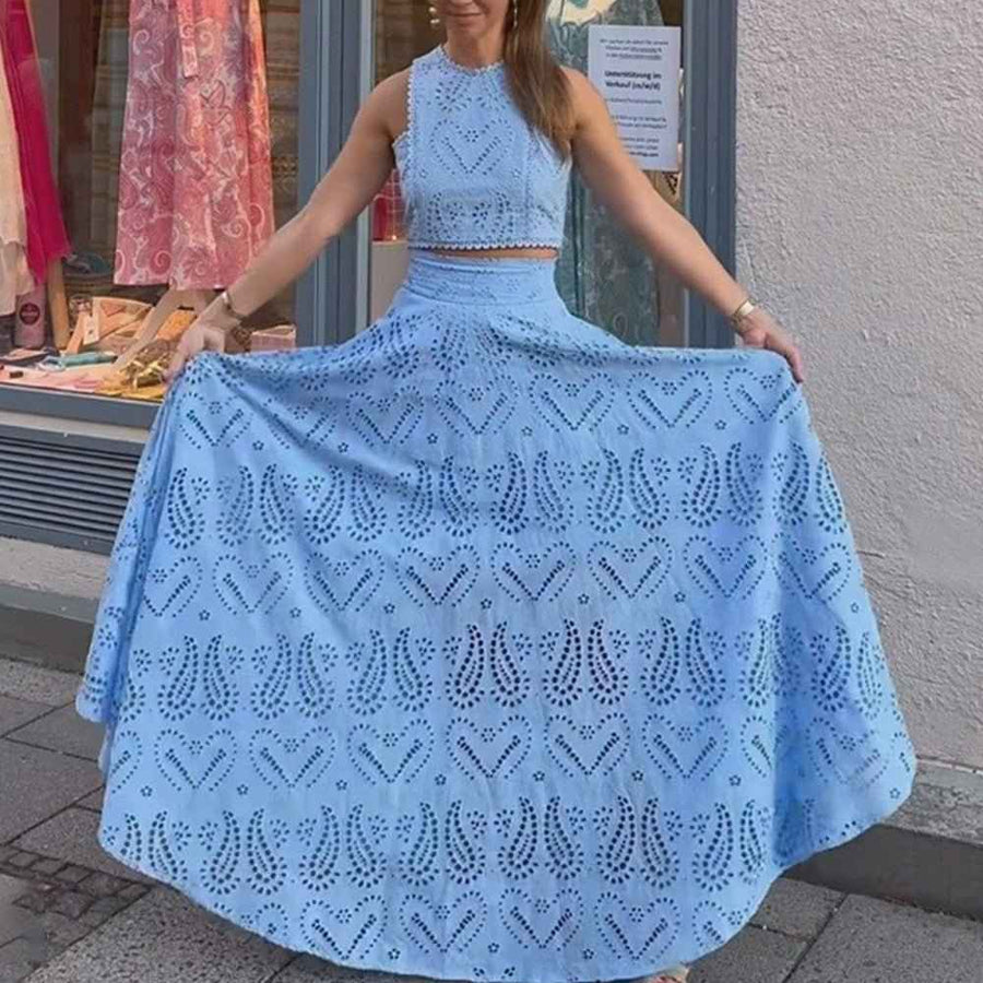 Amara – Zweiteiliges Sommer-Set mit Cut-out-Stickerei und Maxi-Rock
