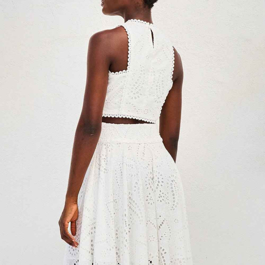 Amara – Zweiteiliges Sommer-Set mit Cut-out-Stickerei und Maxi-Rock