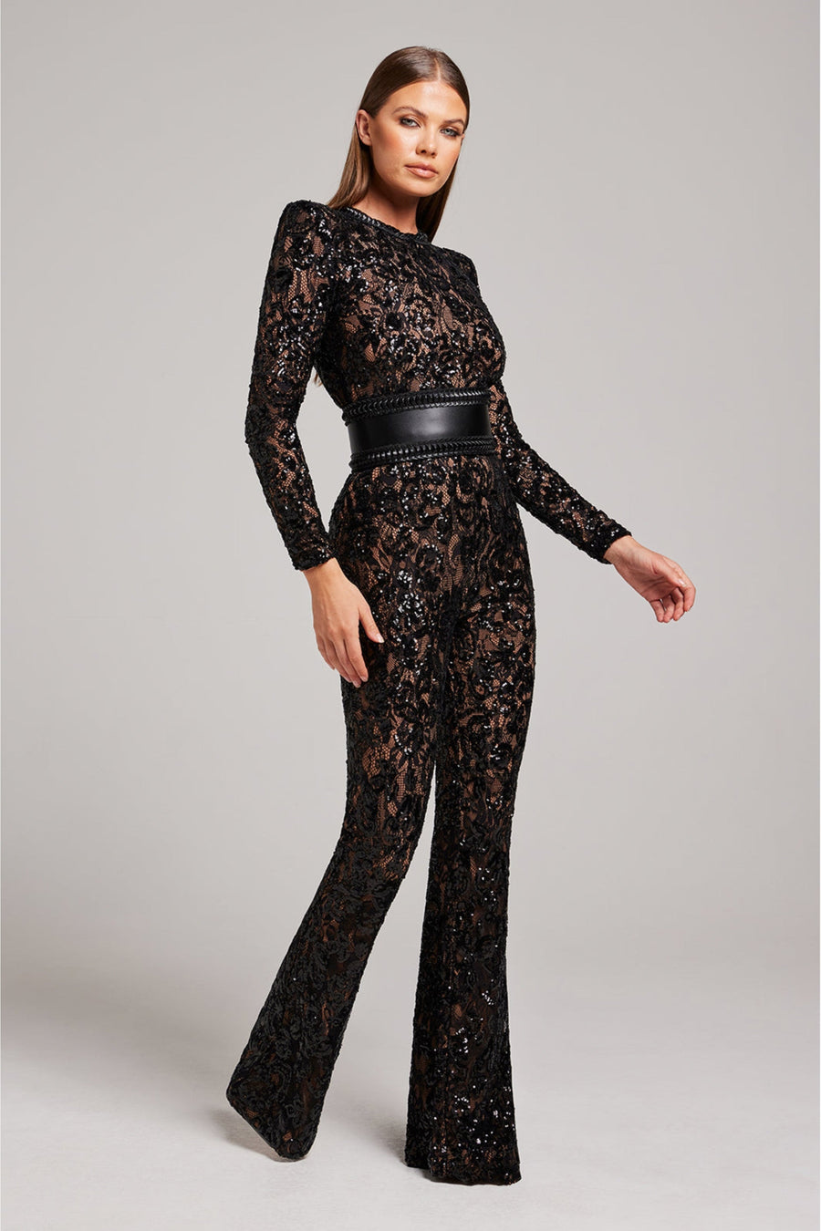Damen-Jumpsuit mit tailliertem Schnitt und Spitzen-Details – weites Bein
