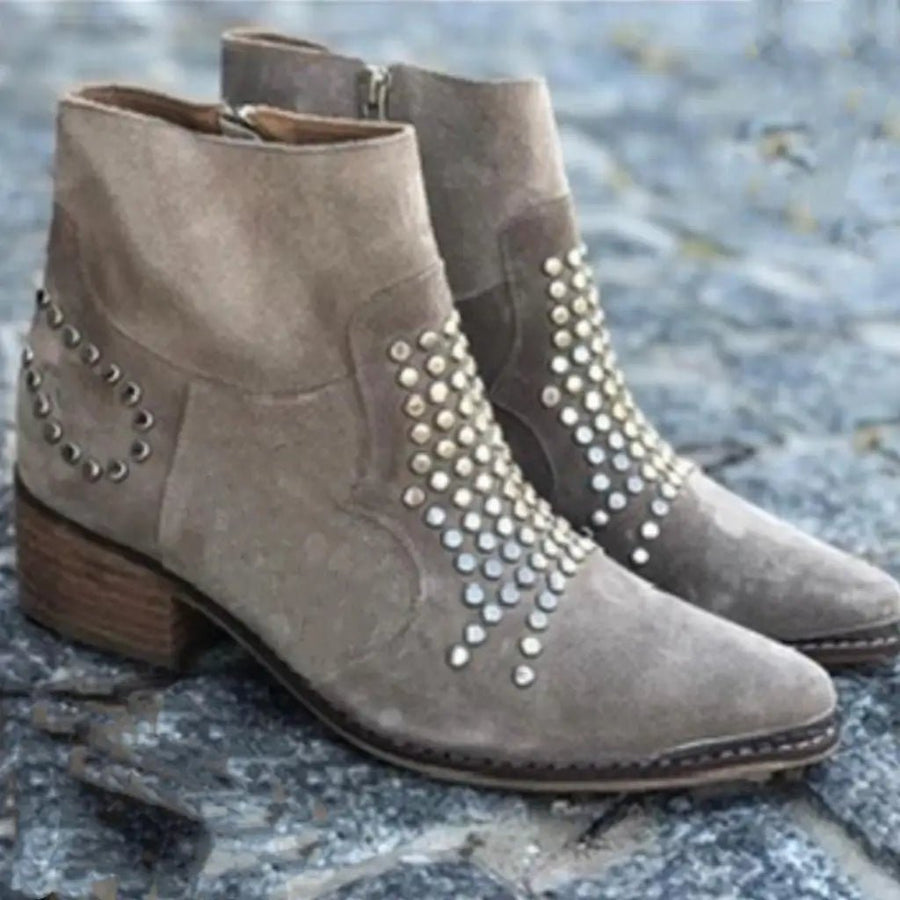 Mia | Ankle Boots Nieten Spitze Zehe Blockabsatz Reißverschluss