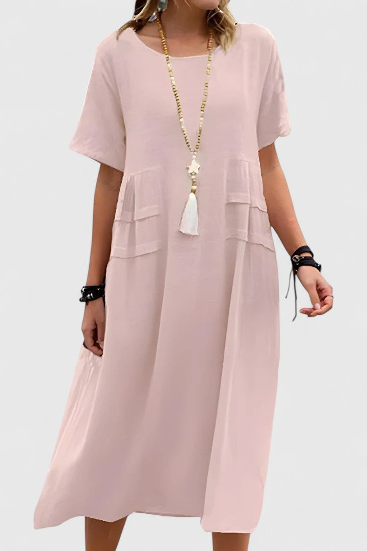Chloe | Lockeres Midi-Kleid mit kurzen Ärmeln und praktischen Taschen