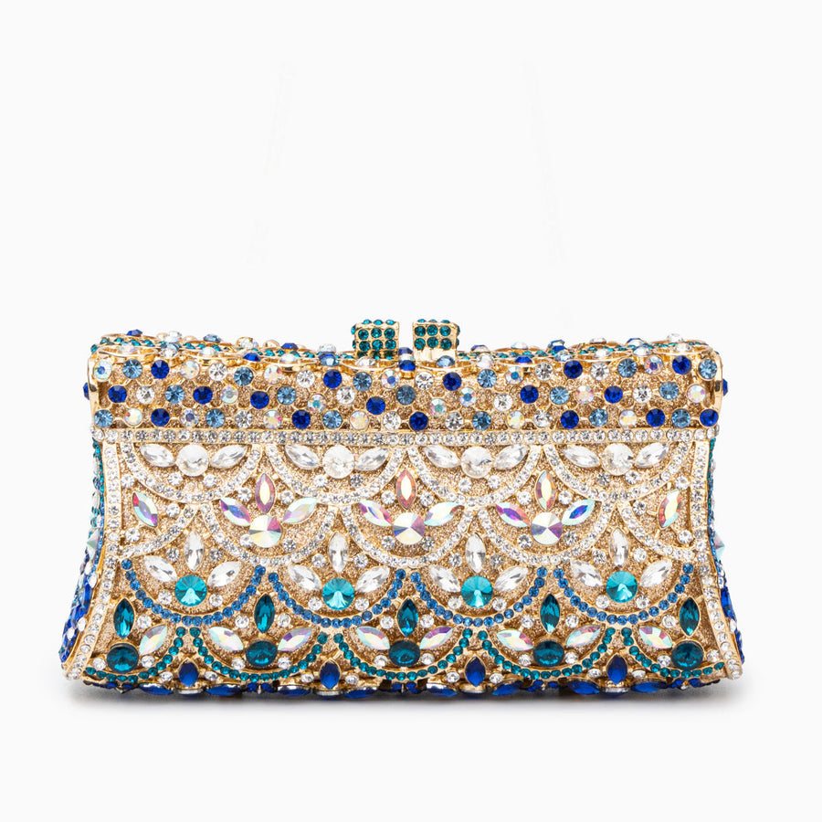 Aubrielle | Kristallverzierte Clutch in Gold-Blau mit funkelndem Strass & Ornamentmuster – Abendtasche für Damen
