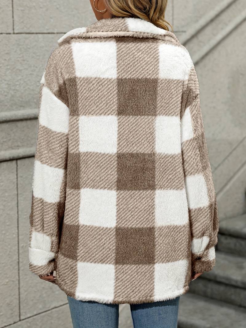 Emma – Gemütliche karierte Shacket mit Button-Down-Front | Weiche, karierte Fleece-Hemdjacke in neutralen Tönen