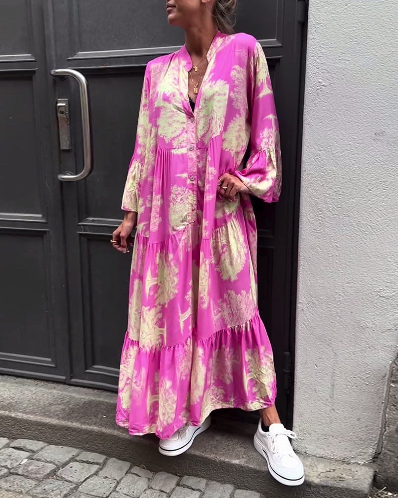 Maxikleid mit Print, Volantärmeln & Stehkragen – Stilvoll & Luftig