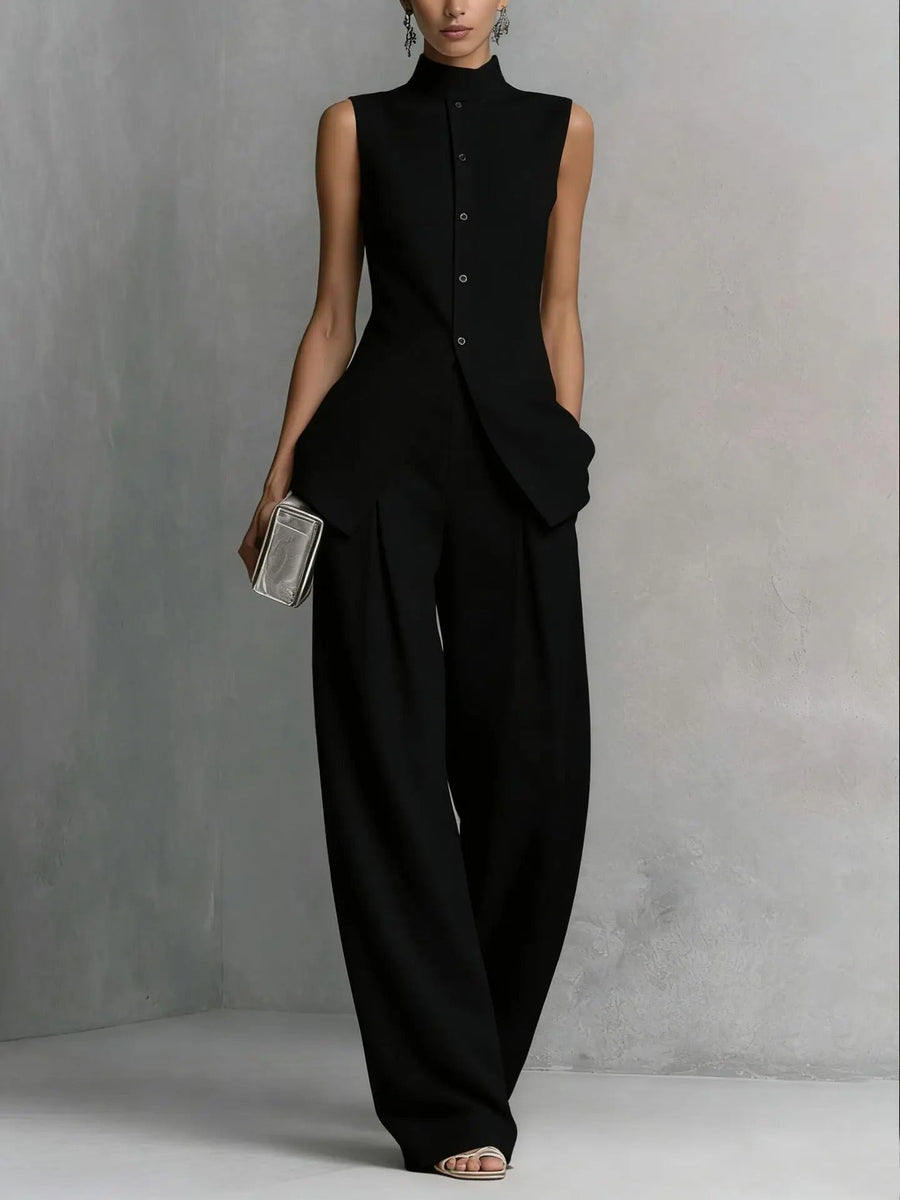 Charlotte | Damen Leinen Zweiteiler Set Stehkragen Top Weite Hose