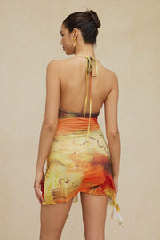 Mira | Asymmetrischer Seitenschlitz Neckholder-Minikleid mit Kunstdruck