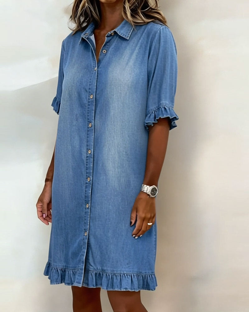 Tessa | Damen Denim Kleid Rüschendesign – Jeanskleid Rüschen Lässig 2026