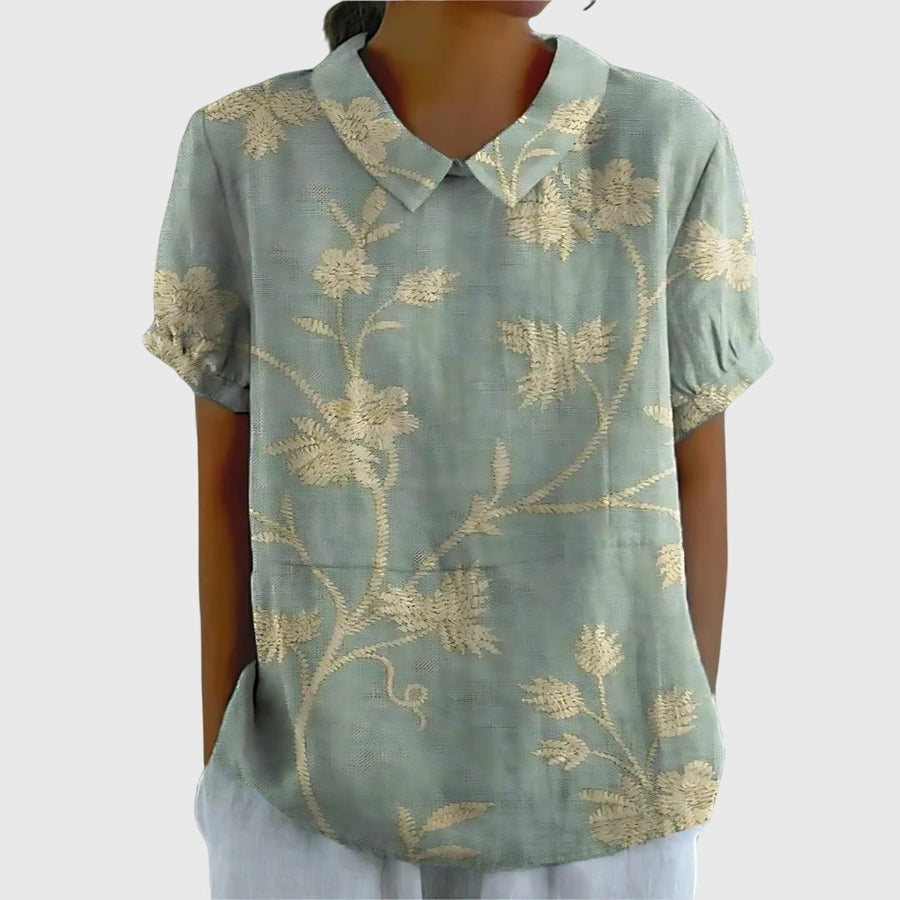 Elke | Damen Blumen Kragen Kurzarm Bluse