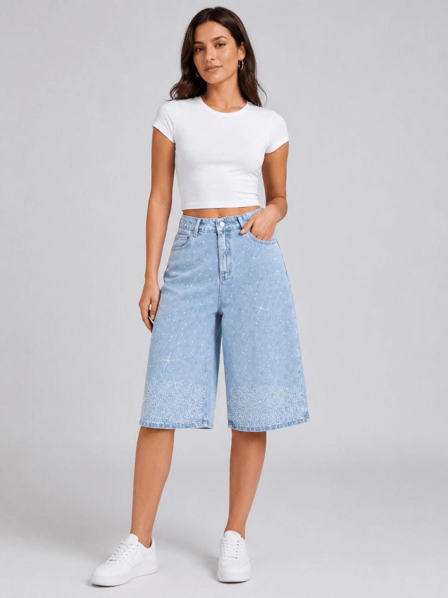 Bermuda Shorts Damen High Waist mit Strass